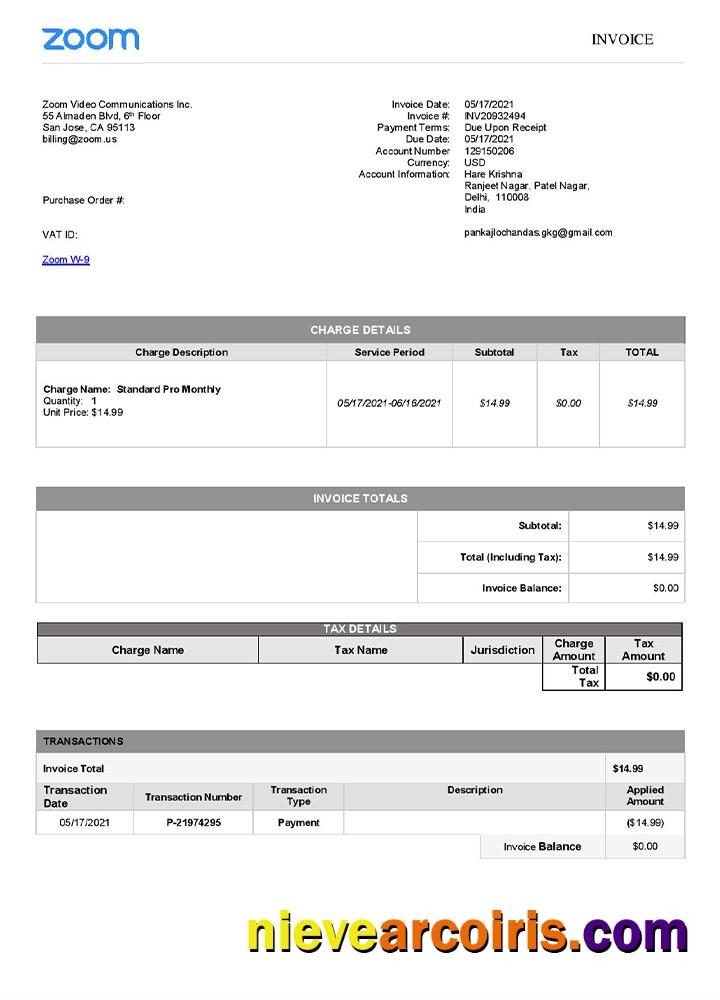 USA Zoom invoice